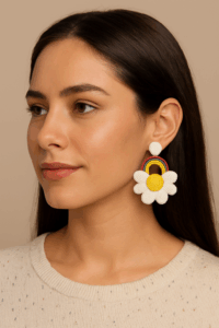 Handmade Beaded Daisy Flower Earrings with Rainbow Design – Boho Statement Jewelry