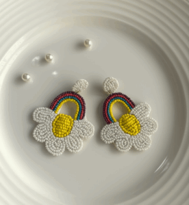 Handmade Beaded Daisy Flower Earrings with Rainbow Design – Boho Statement Jewelry - Image 3