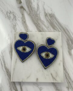 Handmade Beaded Evil Eye Heart Earrings – Protection Statement Jewelry - Image 3