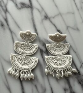 Handcrafted White Beaded Statement Earrings with Pearl Drops - Image 2
