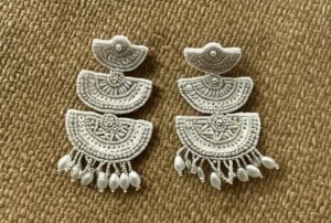 Handcrafted White Beaded Statement Earrings with Pearl Drops - Image 3