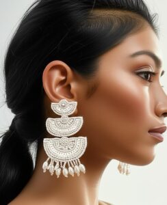 Handcrafted White Beaded Statement Earrings with Pearl Drops