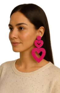 Pink Beaded Heart Statement Earrings for Women