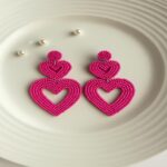 Pink Beaded Heart Statement Earrings for Women - Image 3