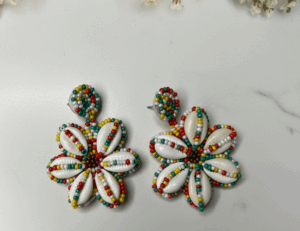 Handmade Beaded Floral Earrings | Cowrie Shell Boho Jewellery | Kaur Trends - Image 2
